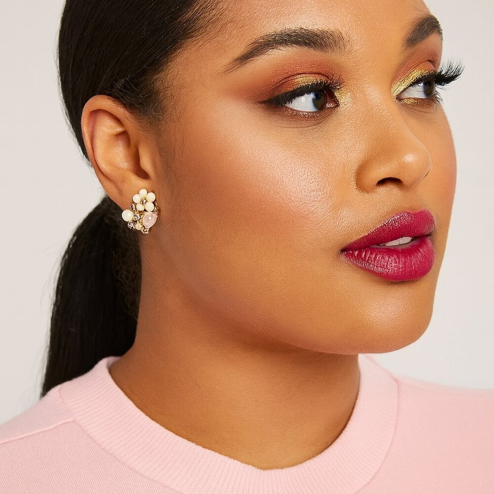 Ashley Stewart Floral Cluster Earrings – Pink & Pearl Accents